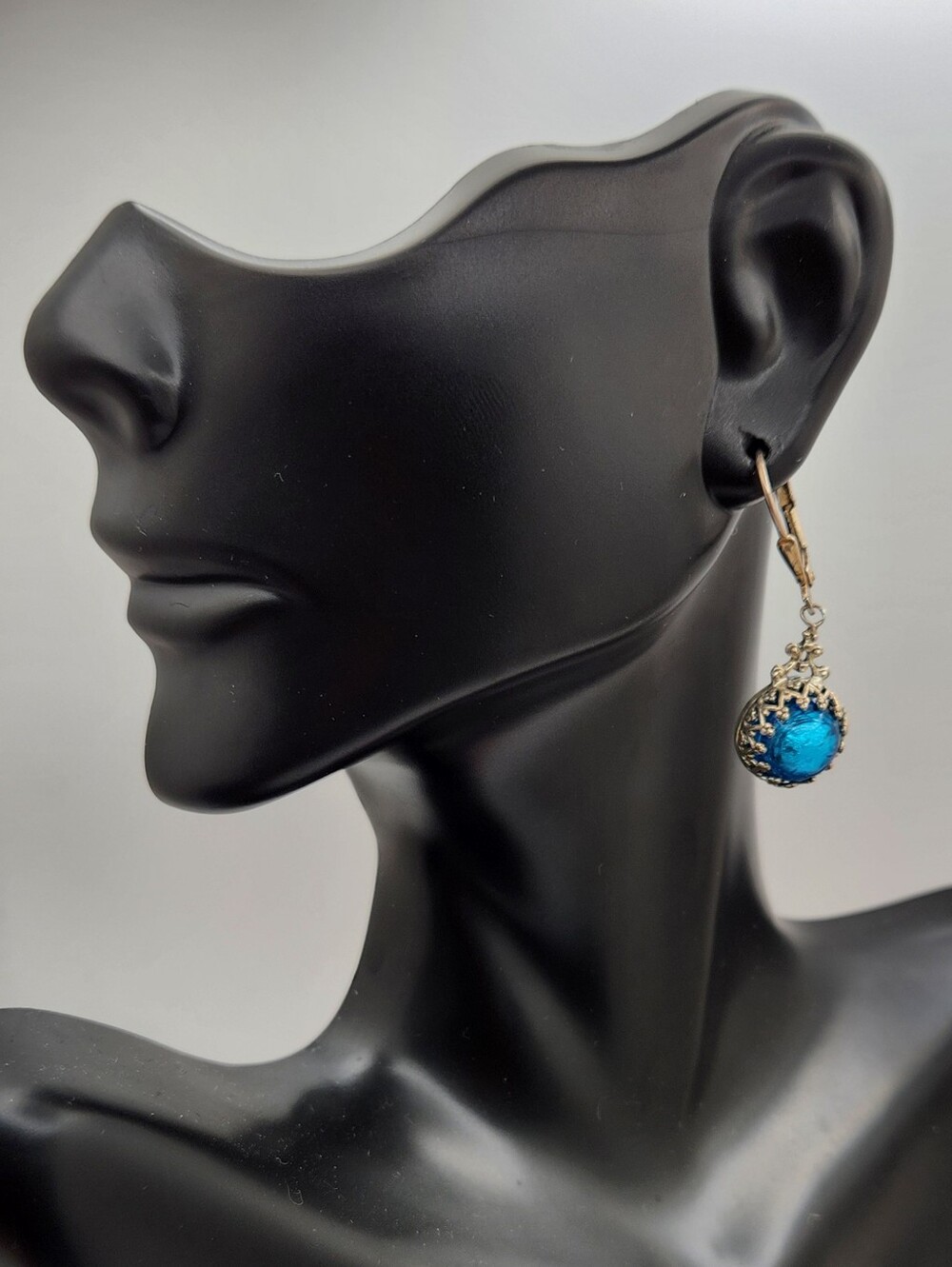 Vintage Style Sterling Silver Blue Foil Glass Filigree Leverback Earrings 925